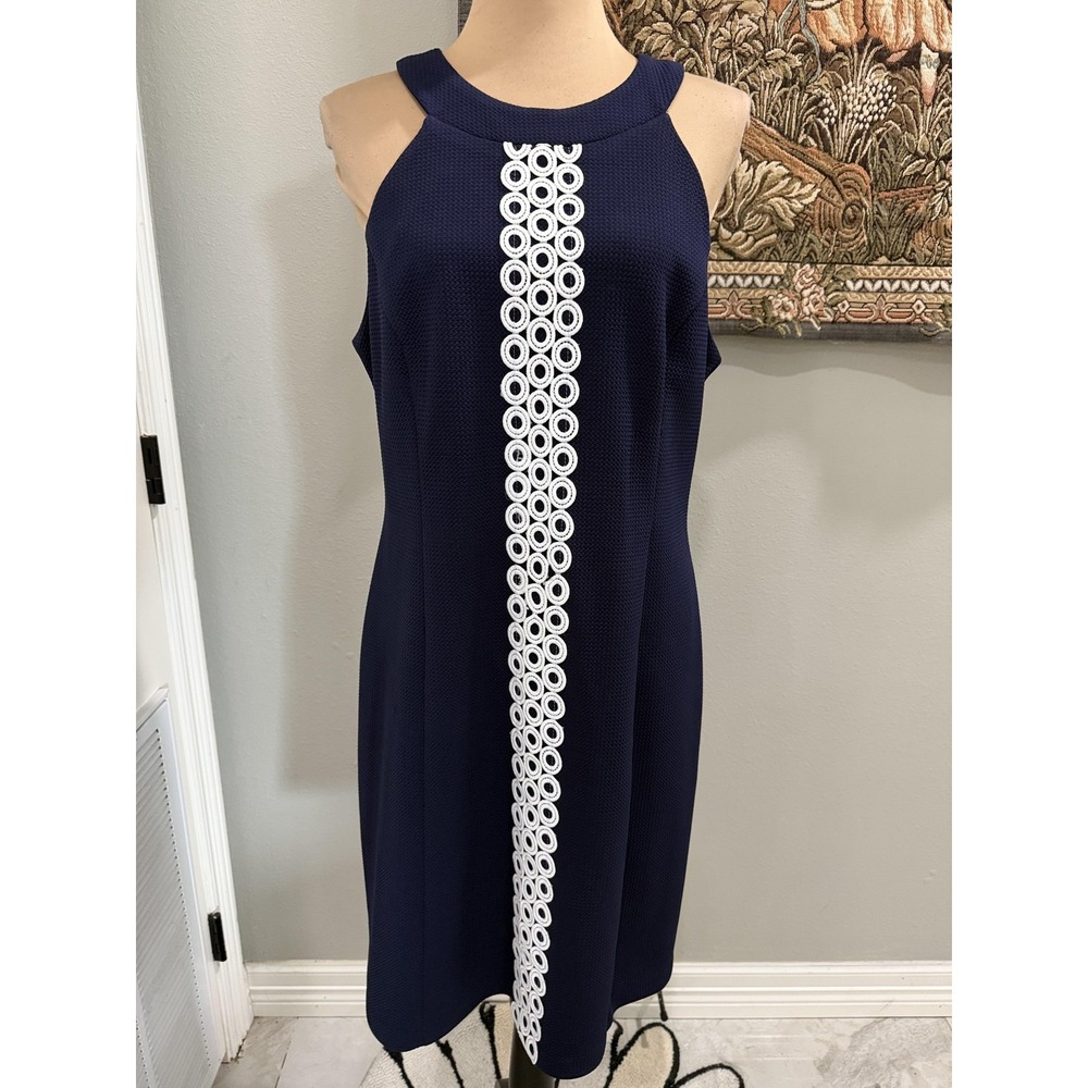 Eliza J Dress Womens Blue High Neck Sleeveless Crochet Trim Shift Knee Length